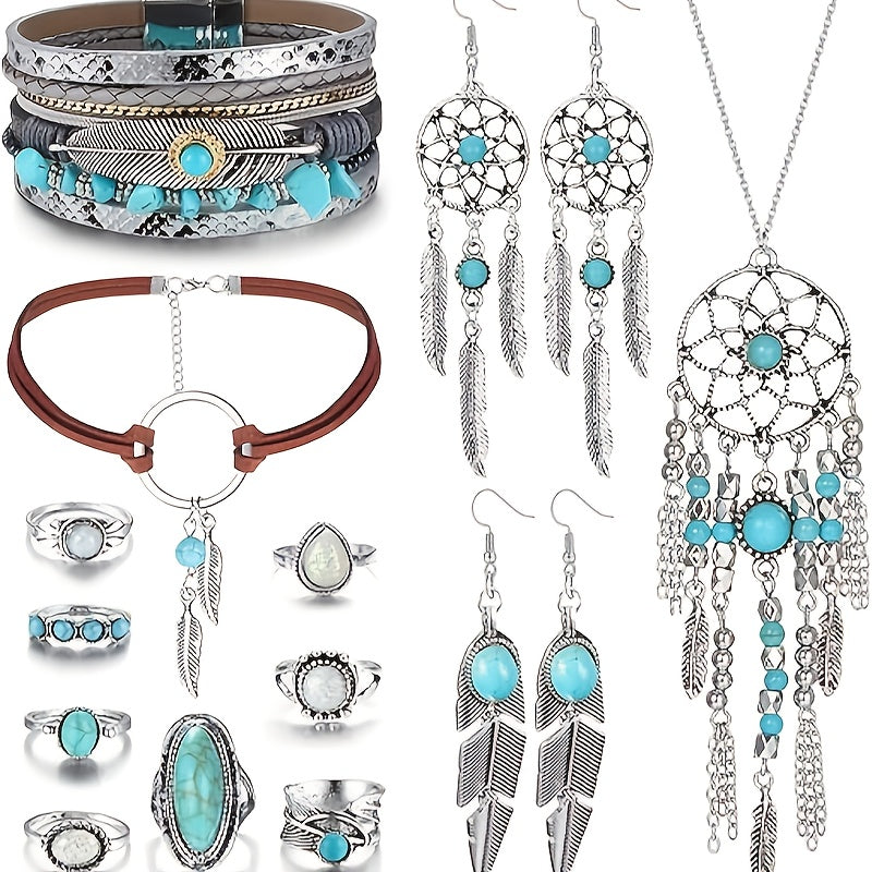 Boho Western Synthetic Turquoise Necklace, Earrings, Bracelet and Ring Set